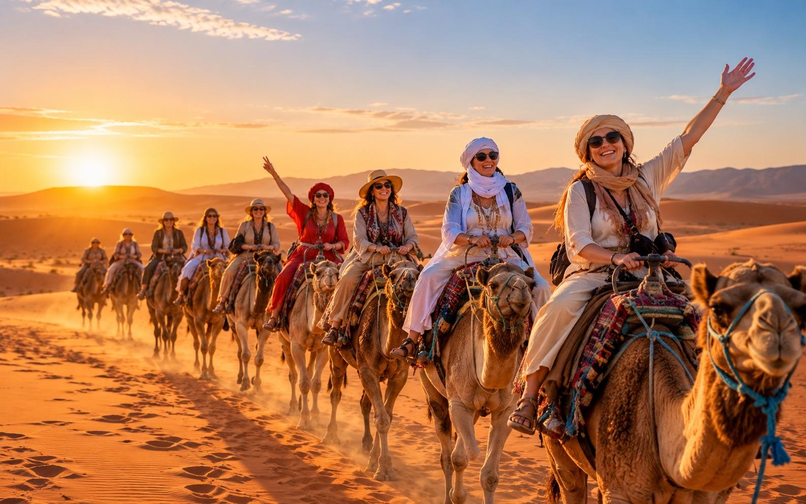 Women riding camels in a caravan at sunset in the Sahara